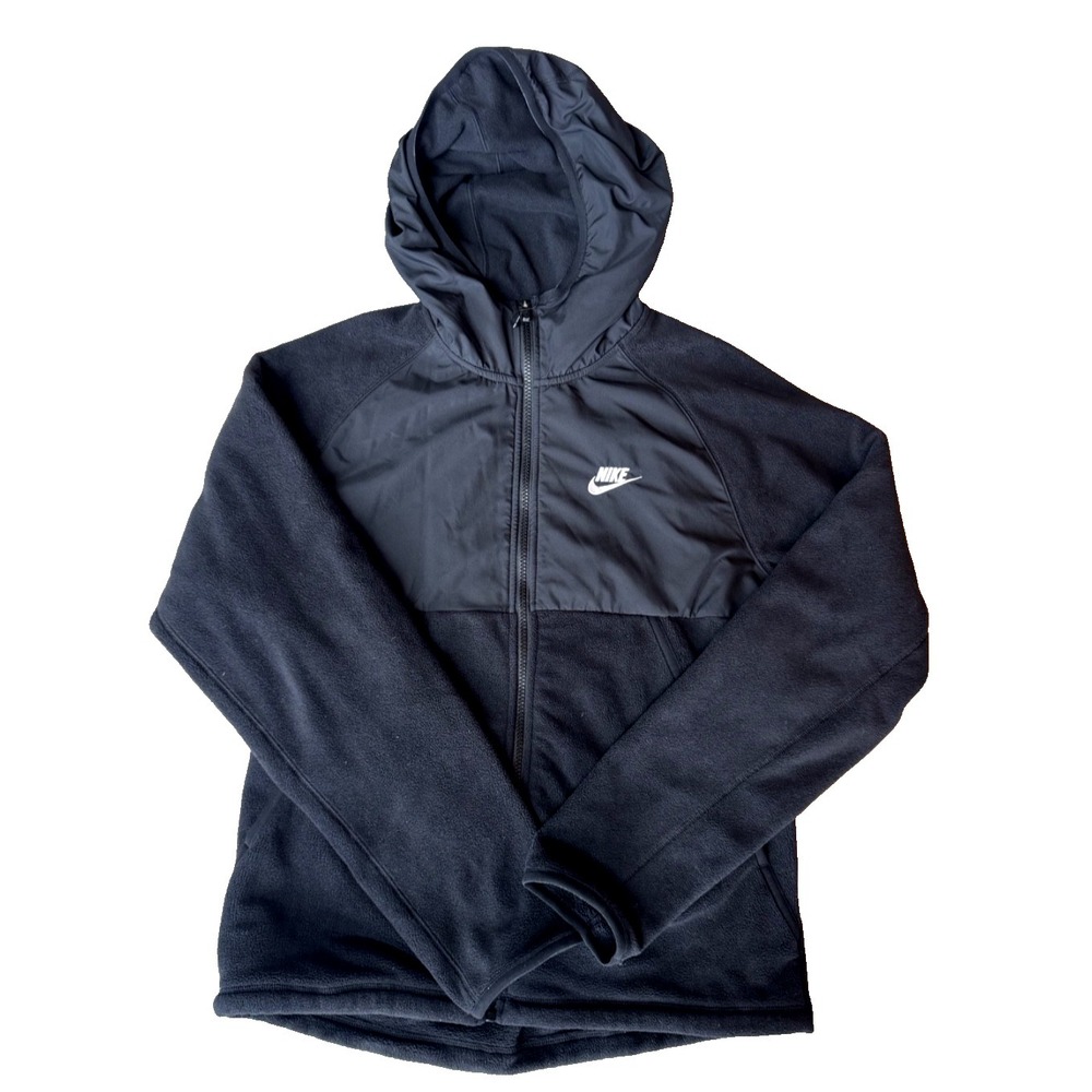 Nike Fleece Jacket Mens Small Black Full Zip Hooded CU4361-010 Swoosh Hybrid Tec